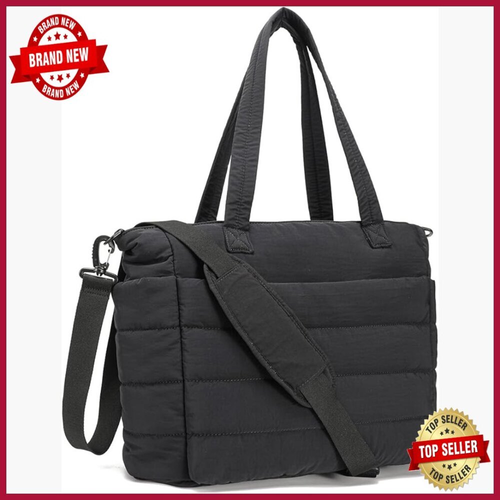 Large Quilted Tote Bag with Laptop Sleeve, Crossbody Strap, Multiple Pockets